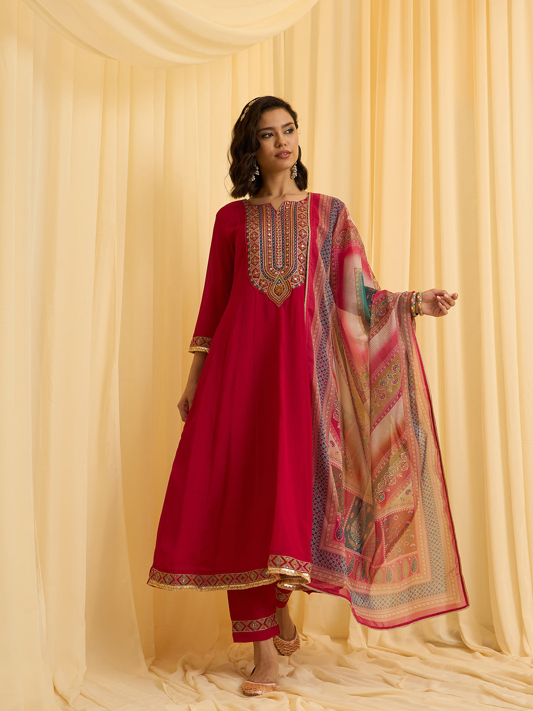 Red Chinon Zari Sequence Thread Embroidered Coding With Gotta Patti Lace Kurta With Pant And Dupatta Set