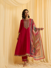 Red Chinon Zari Sequence Thread Embroidered Coding With Gotta Patti Lace Kurta With Pant And Dupatta Set