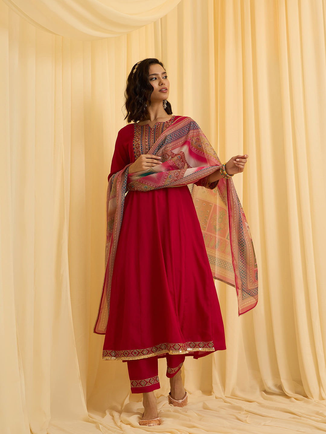 Red Chinon Zari Sequence Thread Embroidered Coding With Gotta Patti Lace Kurta With Pant And Dupatta Set
