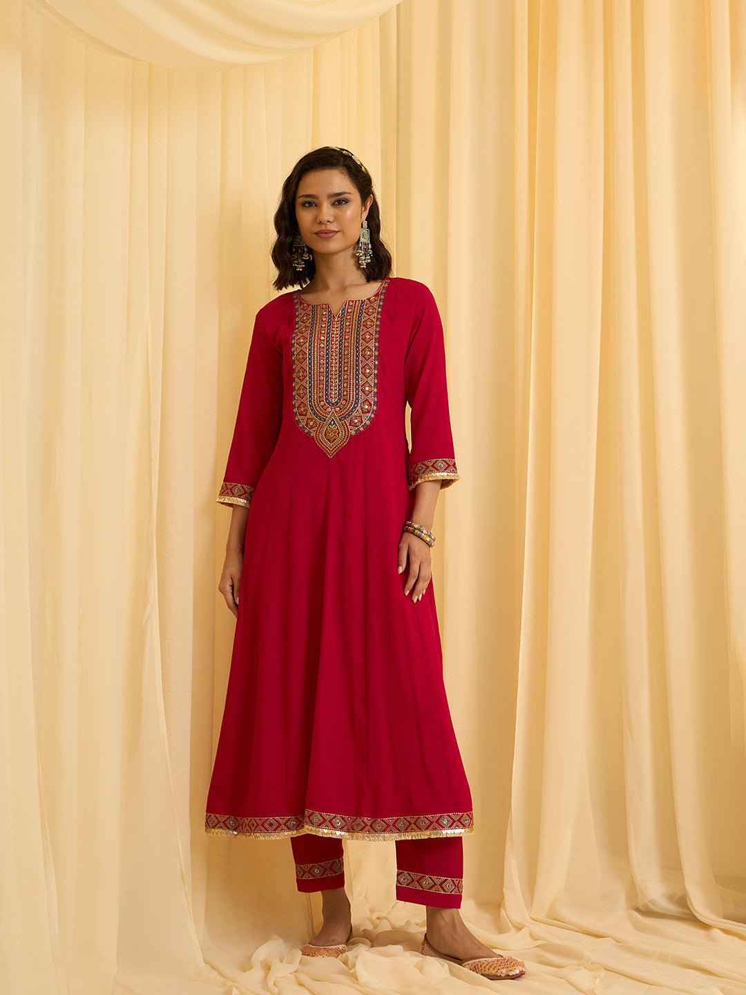 Red Chinon Zari Sequence Thread Embroidered Coding With Gotta Patti Lace Kurta With Pant And Dupatta Set