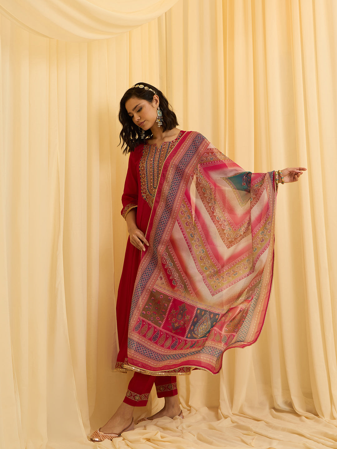 Red Chinon Zari Sequence Thread Embroidered Coding With Gotta Patti Lace Kurta With Pant And Dupatta Set