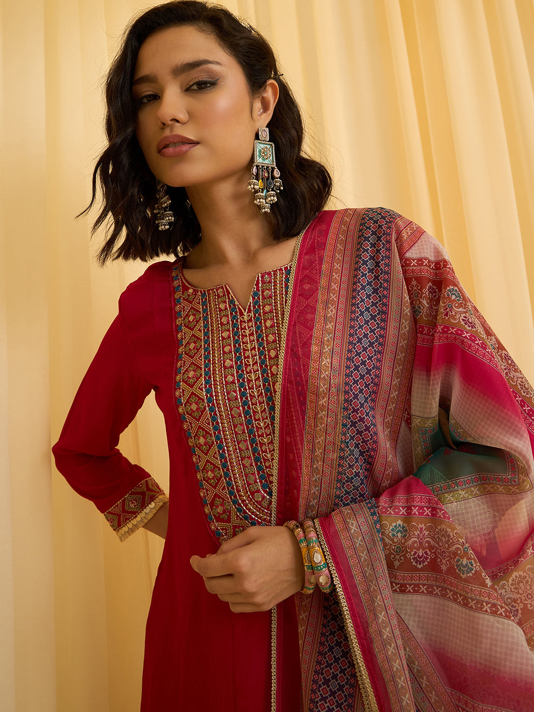 Red Chinon Zari Sequence Thread Embroidered Coding With Gotta Patti Lace Kurta With Pant And Dupatta Set