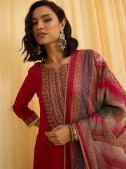 Red Chinon Zari Sequence Thread Embroidered Coding With Gotta Patti Lace Kurta With Pant And Dupatta Set
