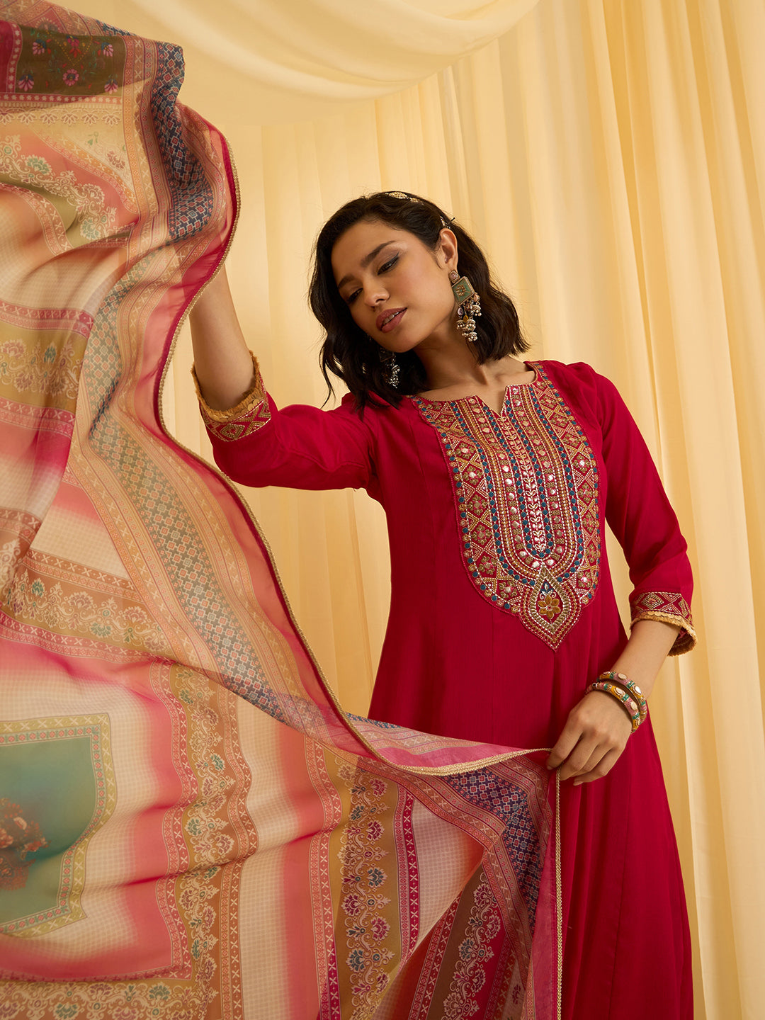 Red Chinon Zari Sequence Thread Embroidered Coding With Gotta Patti Lace Kurta With Pant And Dupatta Set