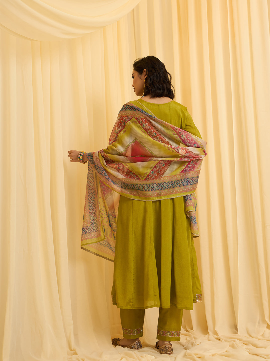 Olive Green Chinon Zari Sequence Thread Embroidered Coding With Gotta Patti Lace Kurta With Pant And Dupatta Set