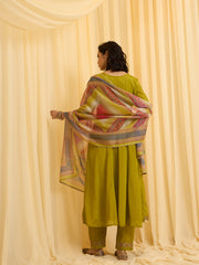 Olive Green Chinon Zari Sequence Thread Embroidered Coding With Gotta Patti Lace Kurta With Pant And Dupatta Set