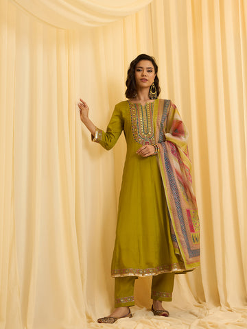 Olive Green Chinon Zari Sequence Thread Embroidered Coding With Gotta Patti Lace Kurta With Pant And Dupatta Set