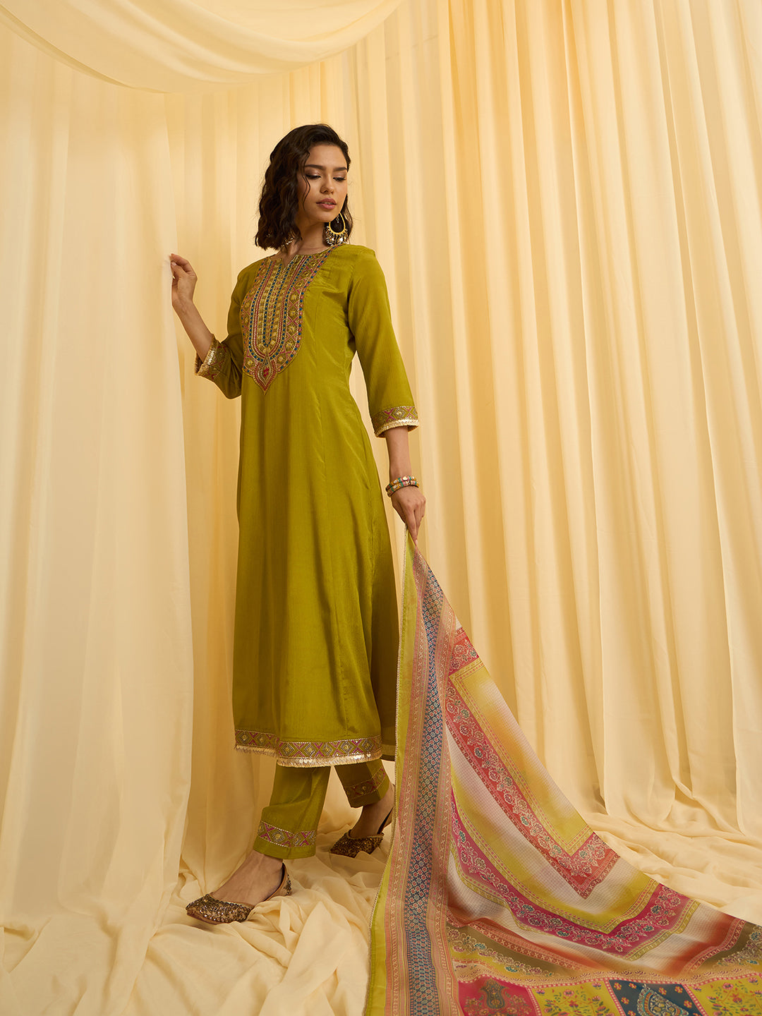 Olive Green Chinon Zari Sequence Thread Embroidered Coding With Gotta Patti Lace Kurta With Pant And Dupatta Set