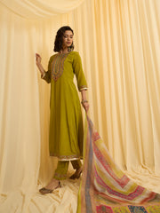 Olive Green Chinon Zari Sequence Thread Embroidered Coding With Gotta Patti Lace Kurta With Pant And Dupatta Set