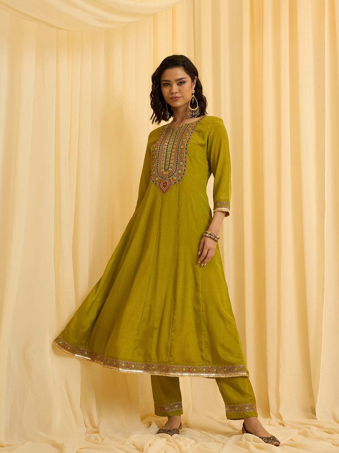 Olive Green Chinon Zari Sequence Thread Embroidered Coding With Gotta Patti Lace Kurta With Pant And Dupatta Set