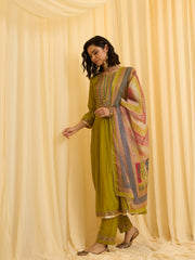 Olive Green Chinon Zari Sequence Thread Embroidered Coding With Gotta Patti Lace Kurta With Pant And Dupatta Set