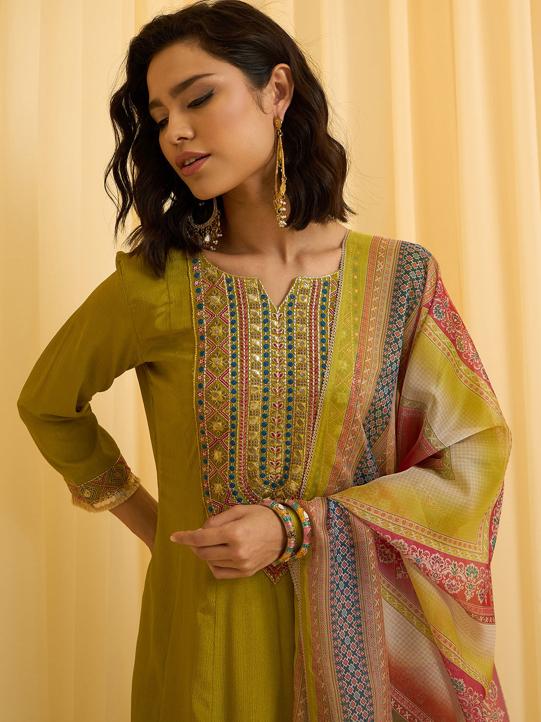 Olive Green Chinon Zari Sequence Thread Embroidered Coding With Gotta Patti Lace Kurta With Pant And Dupatta Set