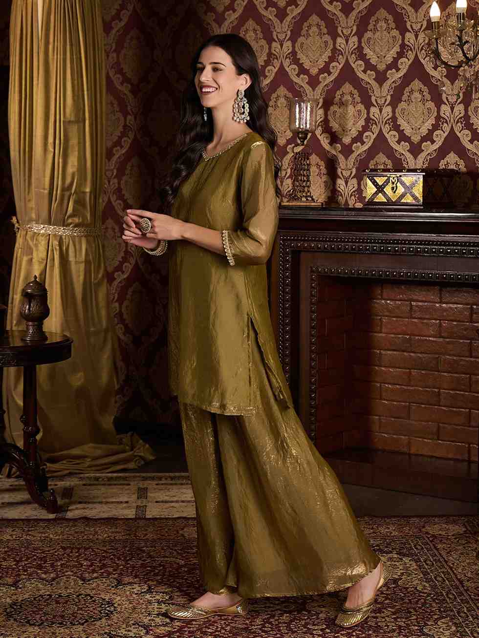 Elegant Olive Green Metallic Sharara Set