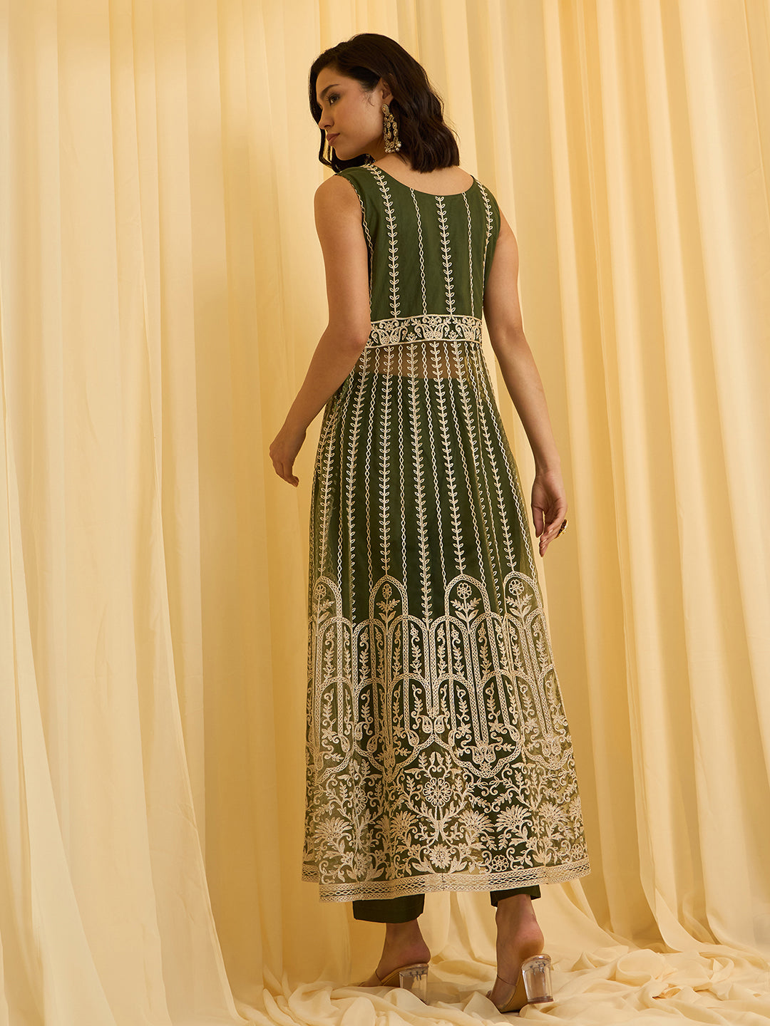 Olive Green Net Chain Embroidery Front Slit A-Line Kurta With Pant Set