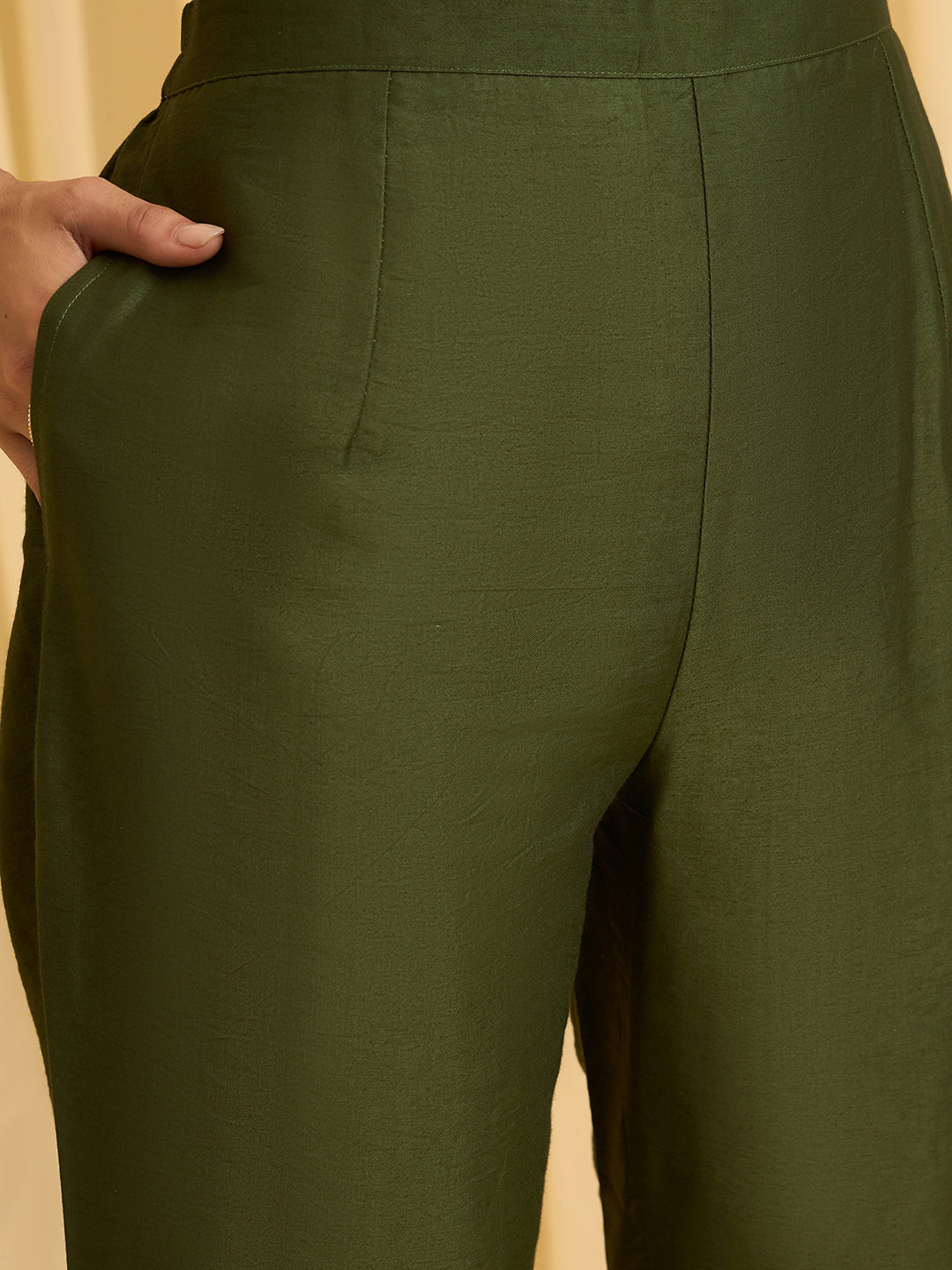 Olive Green Net Chain Embroidery Front Slit A-Line Kurta With Pant Set