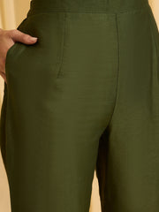 Olive Green Net Chain Embroidery Front Slit A-Line Kurta With Pant Set