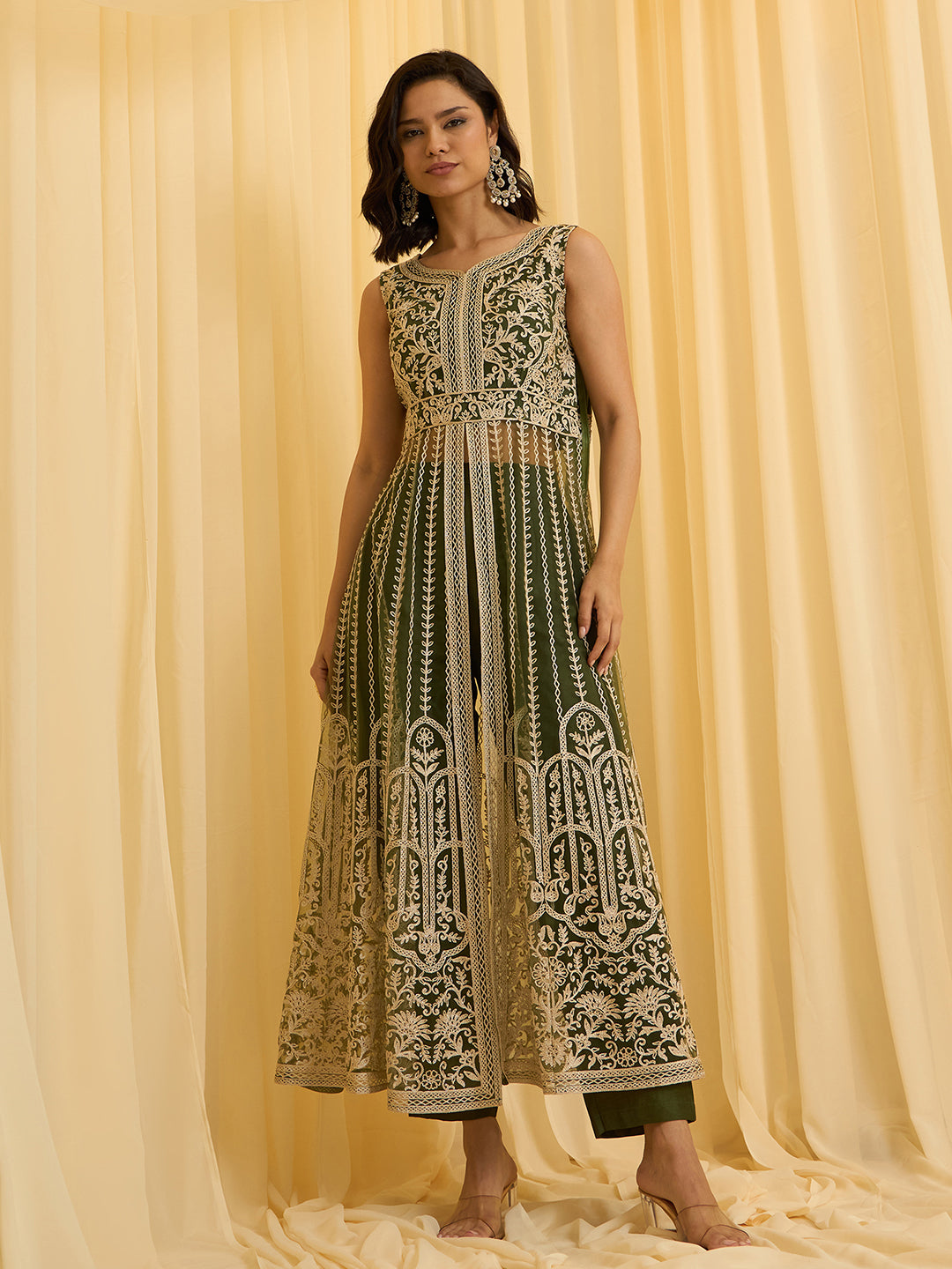Olive Green Net Chain Embroidery Front Slit A-Line Kurta With Pant Set