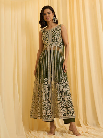 Olive Green Net Chain Embroidery Front Slit A-Line Kurta With Pant Set