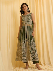 Olive Green Net Chain Embroidery Front Slit A-Line Kurta With Pant Set