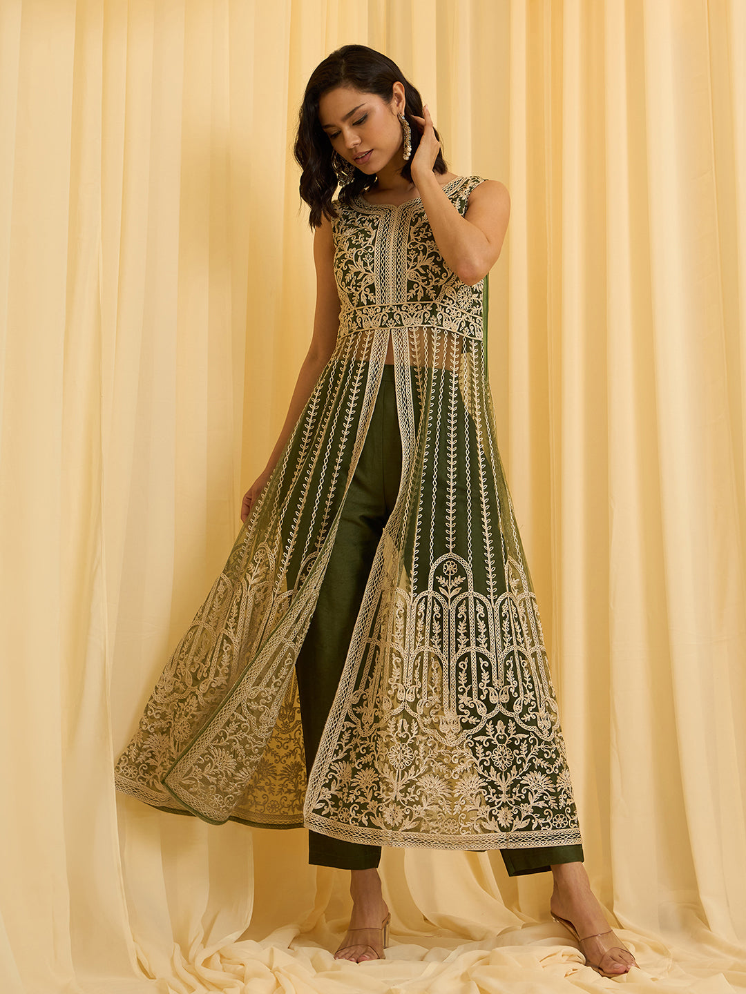 Olive Green Net Chain Embroidery Front Slit A-Line Kurta With Pant Set