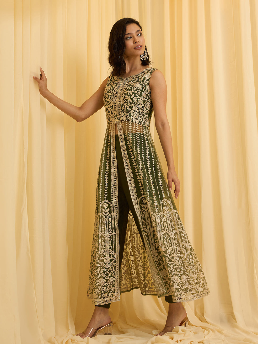 Olive Green Net Chain Embroidery Front Slit A-Line Kurta With Pant Set