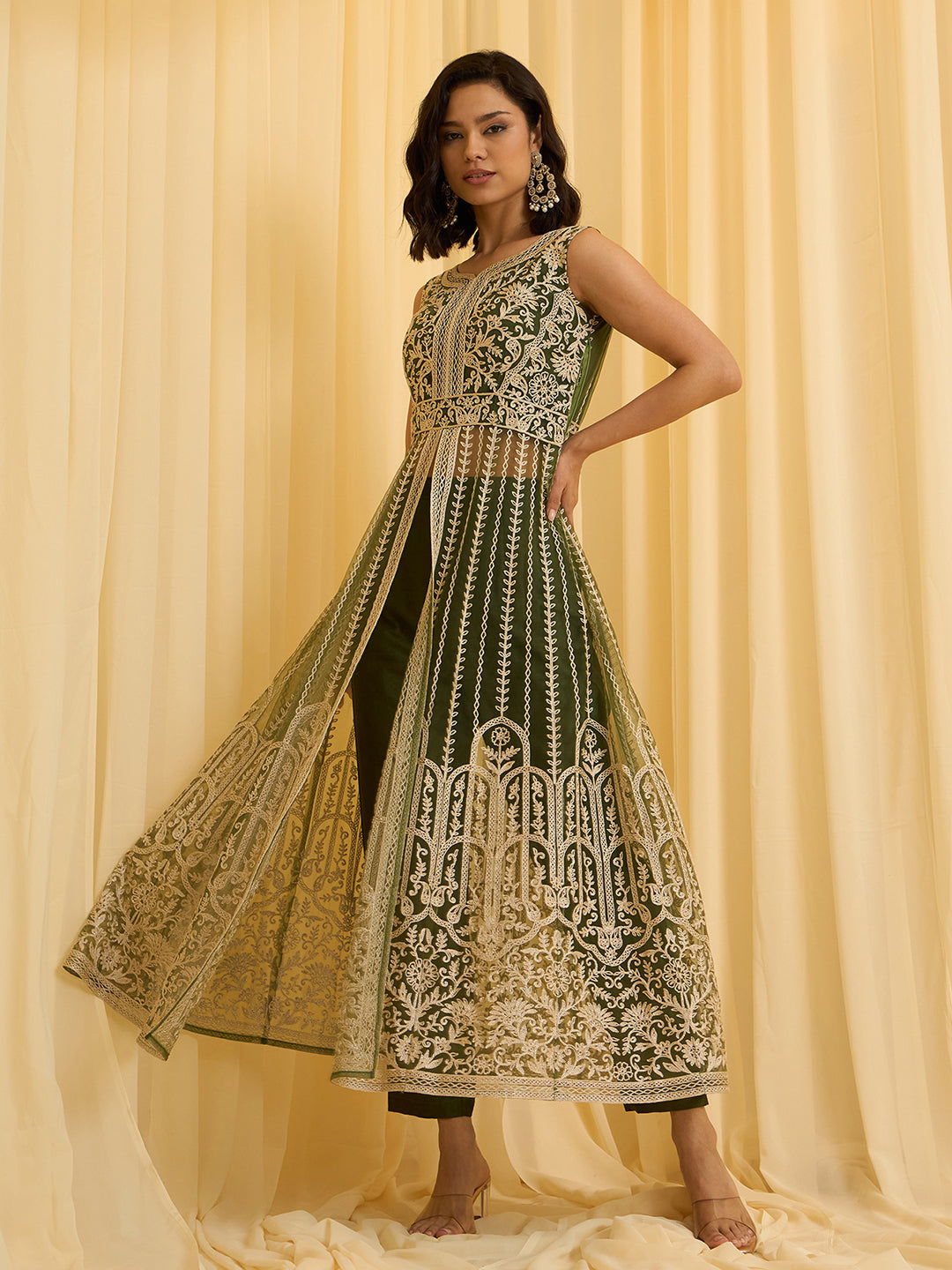 Olive Green Net Chain Embroidery Front Slit A-Line Kurta With Pant Set