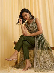 Olive Green Net Chain Embroidery Front Slit A-Line Kurta With Pant Set