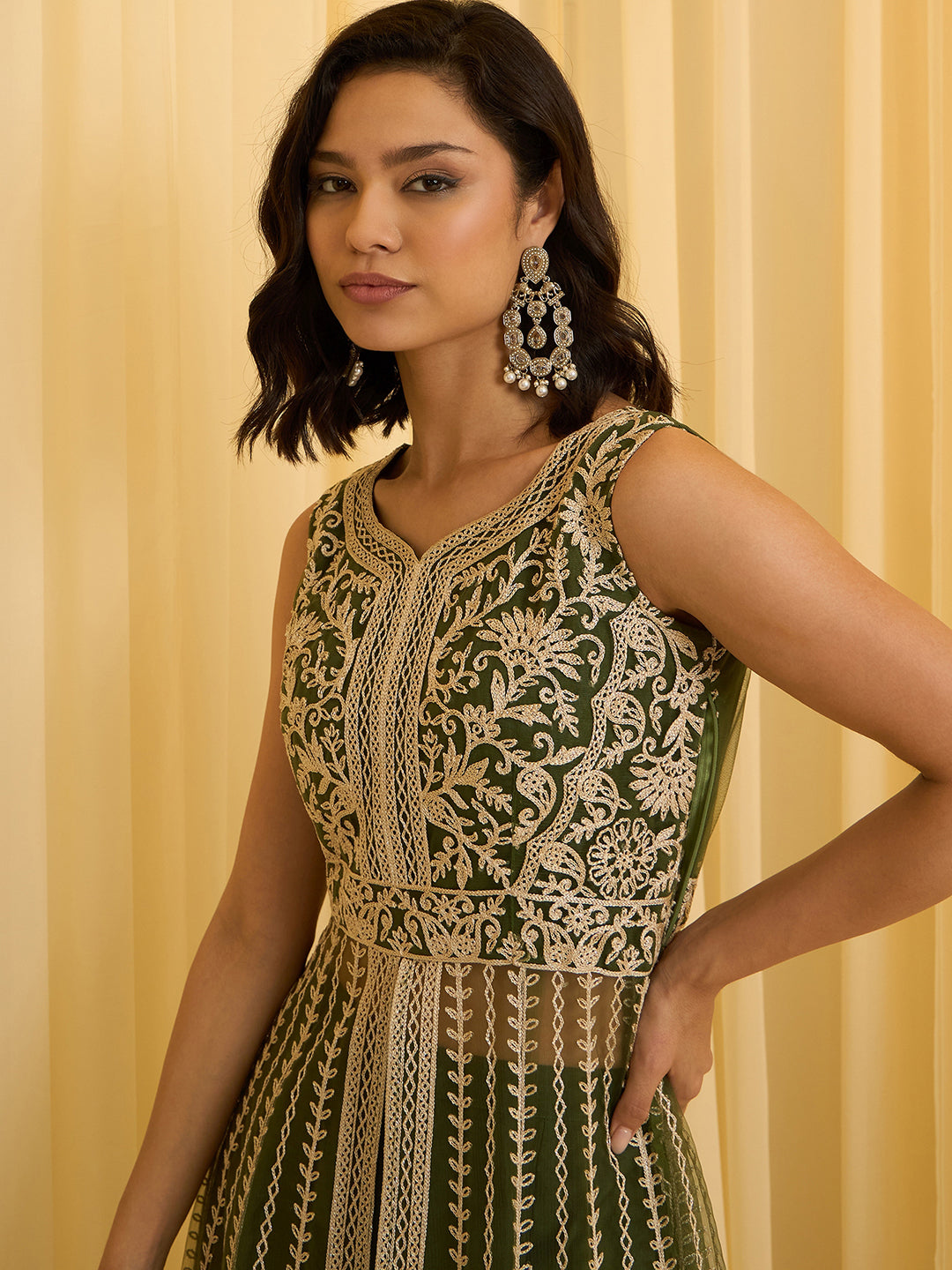Olive Green Net Chain Embroidery Front Slit A-Line Kurta With Pant Set