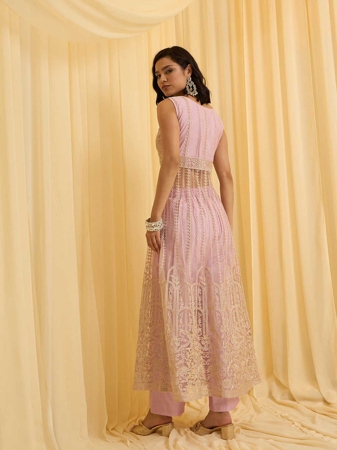 Pink Net Chain Embroidery Front Slit A-Line Kurta With Pant Set