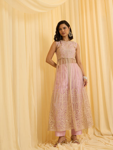 Pink Net Chain Embroidery Front Slit A-Line Kurta With Pant Set