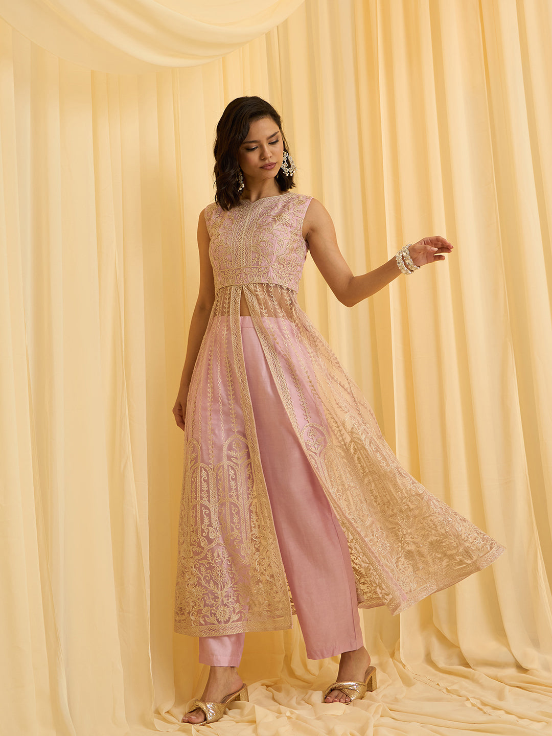 Pink Net Chain Embroidery Front Slit A-Line Kurta With Pant Set