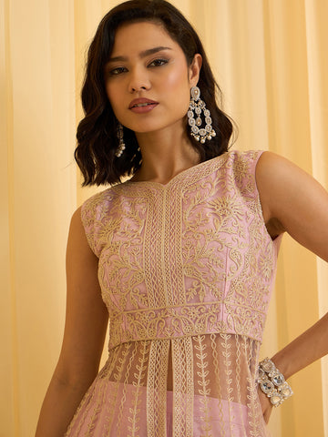 Pink Net Chain Embroidery Front Slit A-Line Kurta With Pant Set