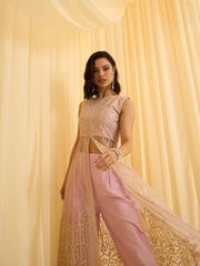 Pink Net Chain Embroidery Front Slit A-Line Kurta With Pant Set
