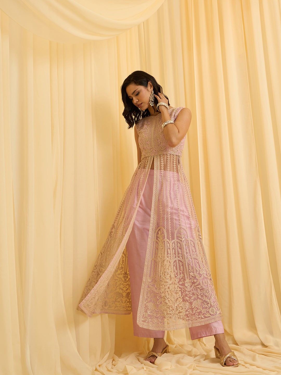 Pink Net Chain Embroidery Front Slit A-Line Kurta With Pant Set