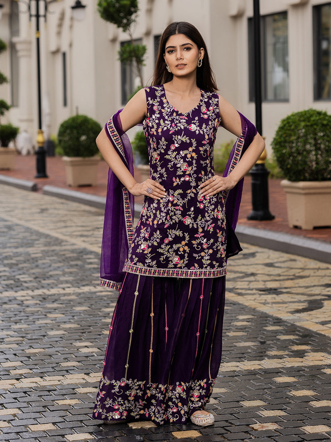 Purple Georgette Zari sequence Thread EmbroideryKurta with Palazzo and Dupatta Set