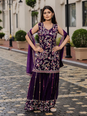 Purple Georgette Zari sequence Thread EmbroideryKurta with Palazzo and Dupatta Set