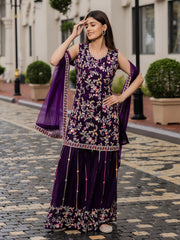 Purple Georgette Zari sequence Thread EmbroideryKurta with Palazzo and Dupatta Set