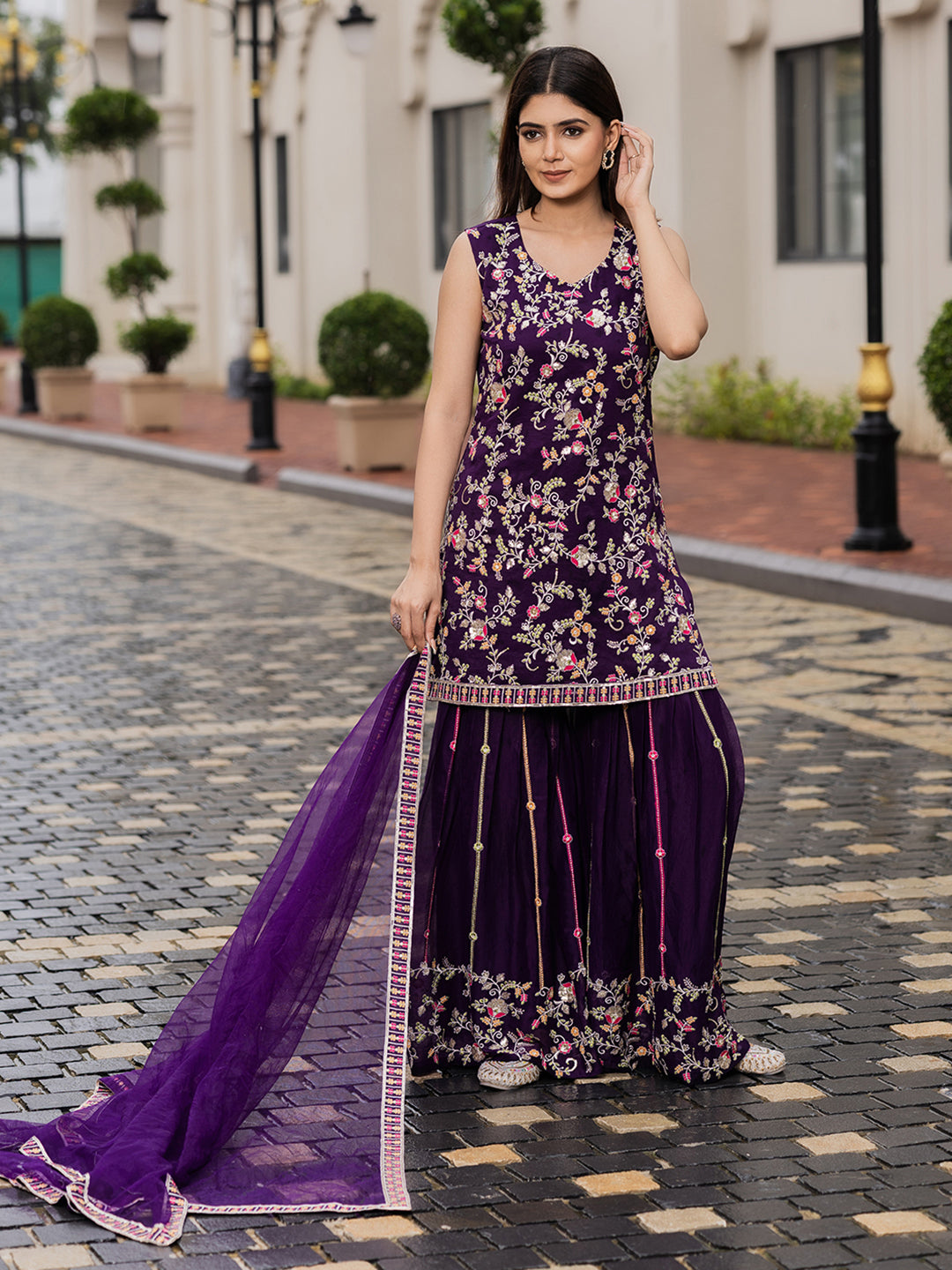 Purple Georgette Zari sequence Thread EmbroideryKurta with Palazzo and Dupatta Set