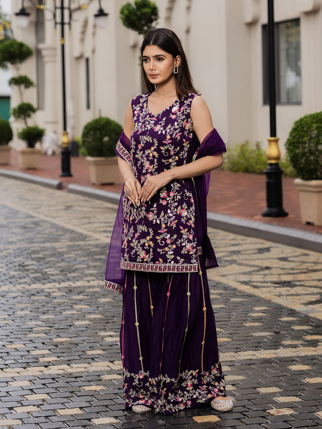 Purple Georgette Zari sequence Thread EmbroideryKurta with Palazzo and Dupatta Set