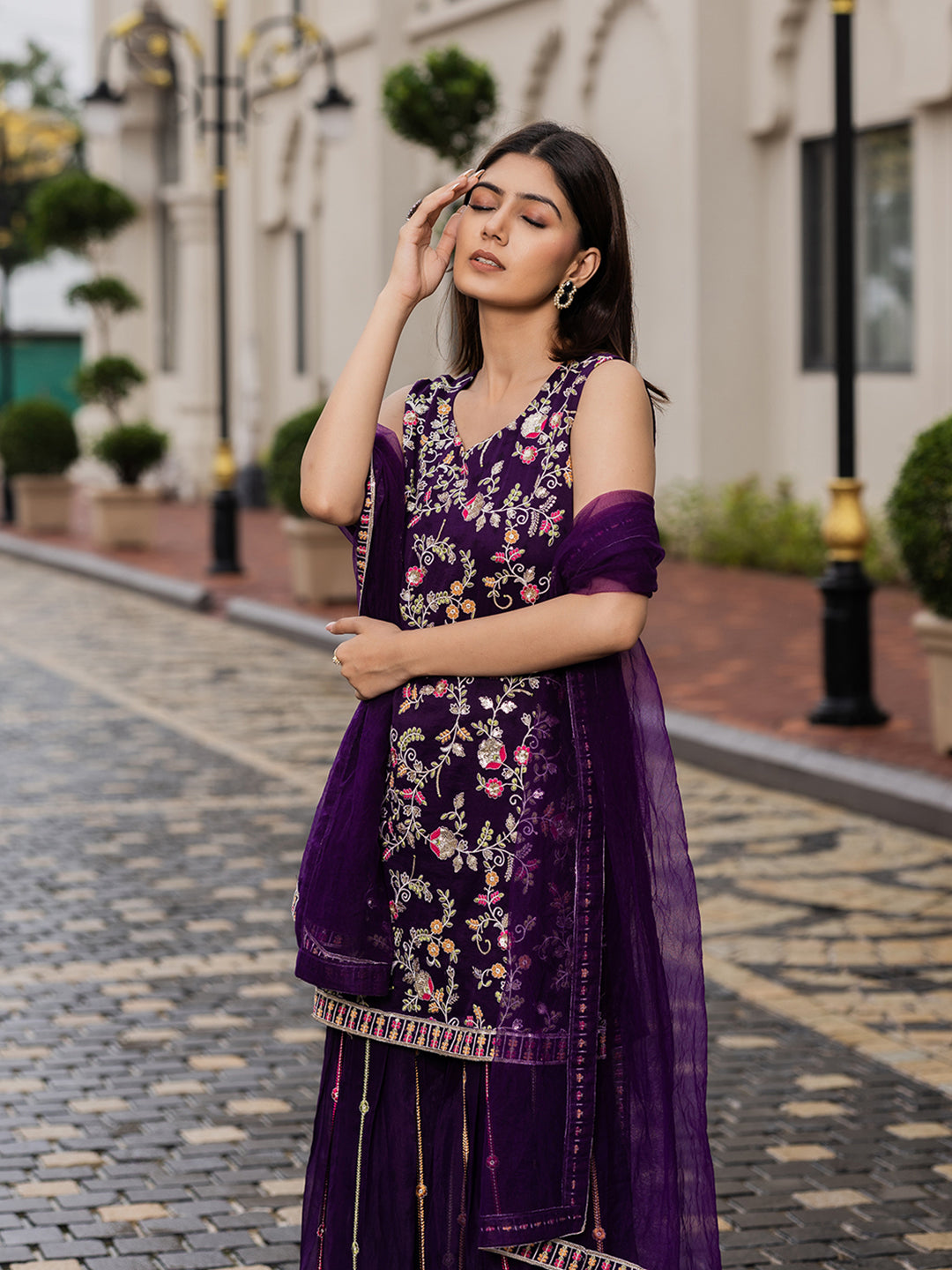 Purple Georgette Zari sequence Thread EmbroideryKurta with Palazzo and Dupatta Set