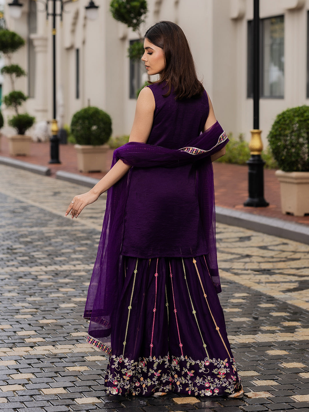 Purple Georgette Zari sequence Thread EmbroideryKurta with Palazzo and Dupatta Set