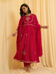 Red Chinon Zari Sequence Thread Embroidered With Coding Kurta With Pant And Dupatta Set