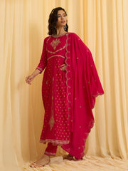 Red Chinon Zari Sequence Thread Embroidered With Coding Kurta With Pant And Dupatta Set