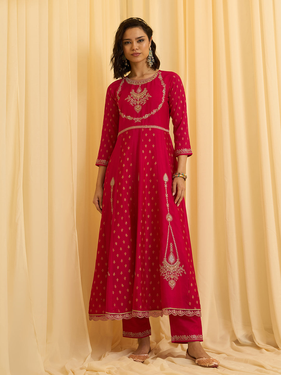 Red Chinon Zari Sequence Thread Embroidered With Coding Kurta With Pant And Dupatta Set