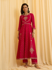 Red Chinon Zari Sequence Thread Embroidered With Coding Kurta With Pant And Dupatta Set