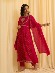 Red Chinon Zari Sequence Thread Embroidered With Coding Kurta With Pant And Dupatta Set