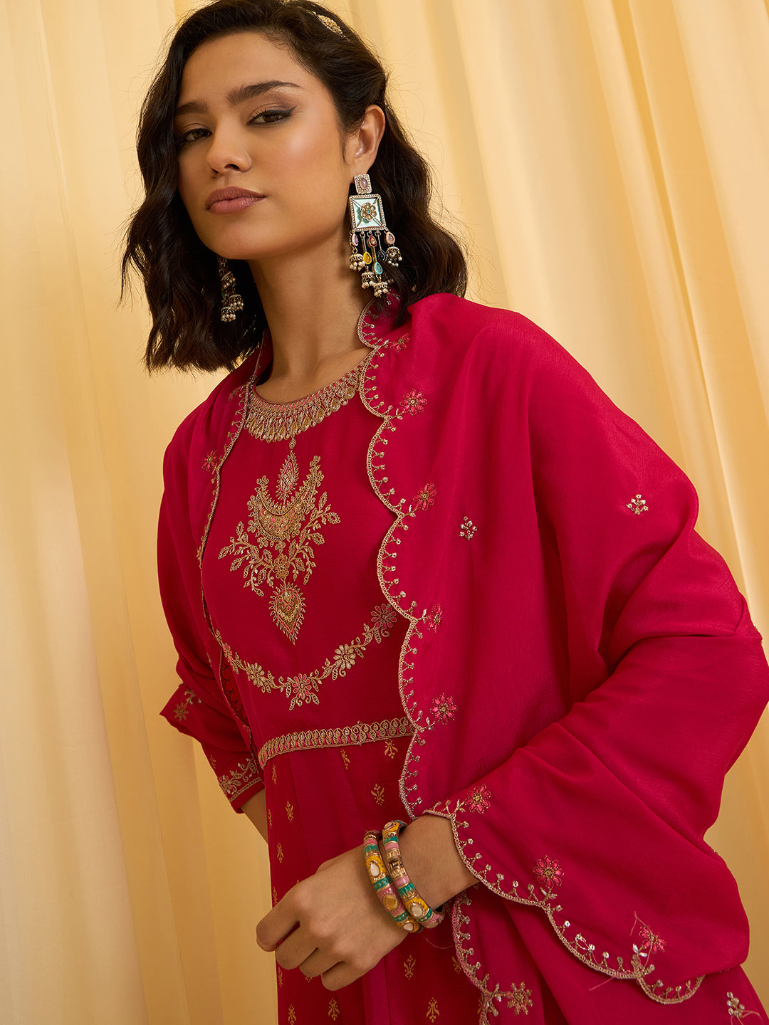 Red Chinon Zari Sequence Thread Embroidered With Coding Kurta With Pant And Dupatta Set