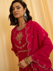 Red Chinon Zari Sequence Thread Embroidered With Coding Kurta With Pant And Dupatta Set
