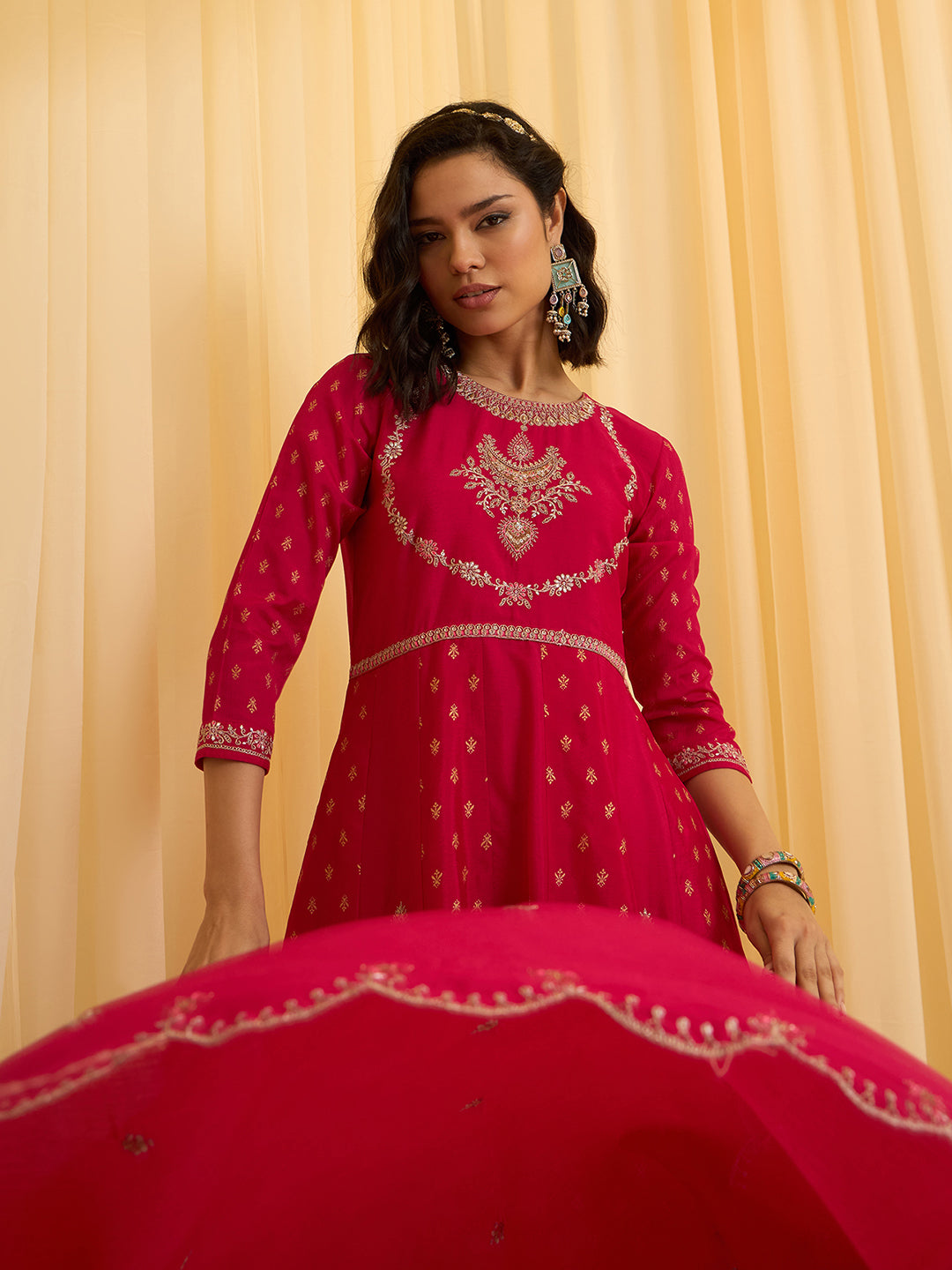 Red Chinon Zari Sequence Thread Embroidered With Coding Kurta With Pant And Dupatta Set
