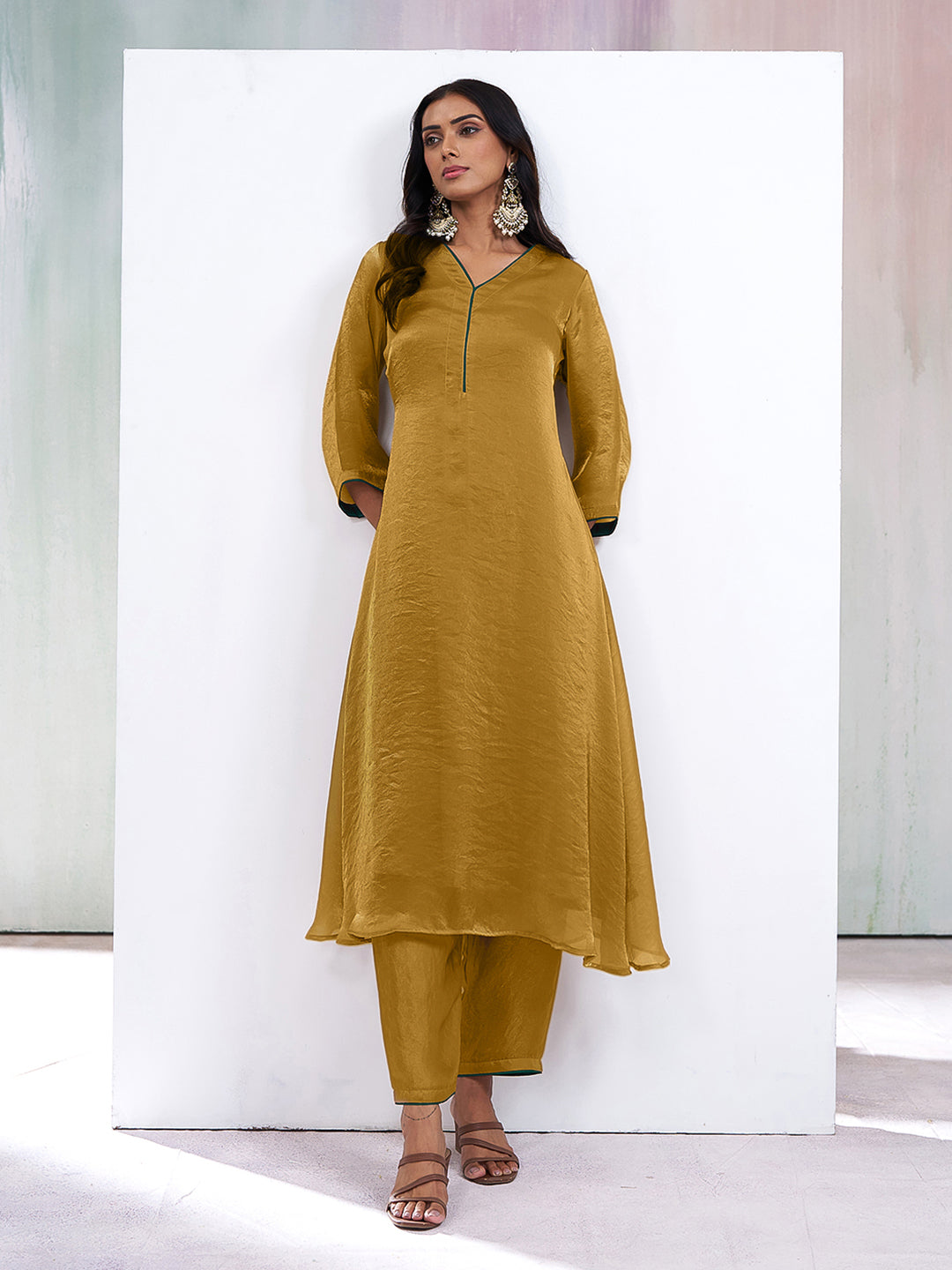 Golden Solid Silk Blend A-Line Womens Kurta With Pant Set